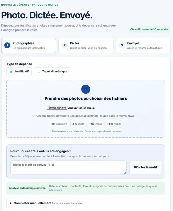 Écran de nouvelle dépense : dépôt de fichiers, dictée du motif et analyse automatique