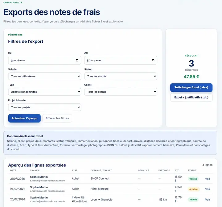 Export des notes de frais : filtres, téléchargement Excel et aperçu des lignes
